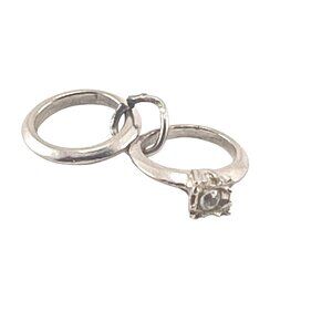 Sterling Silver Wedding Ring Charm Double Ring With Crystal Solitaire
